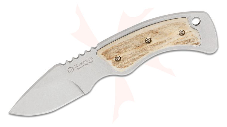 Maserin 924/CV-1 Mini-Trapper Fixed Blade Knife 2.36 inch Elmax Stonewashed Drop Point Blade, Stag Horn Handles, Leather Button Sheath