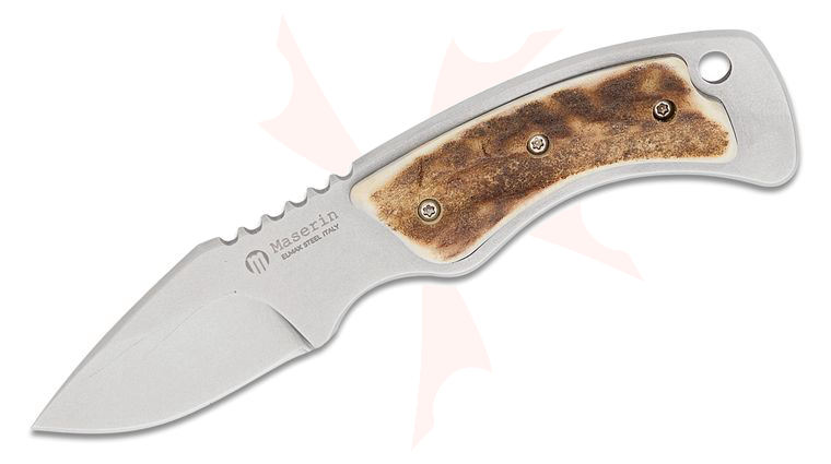 Maserin 924/CV-2 Mini-Trapper Fixed Blade Knife 2.36 inch Elmax Stonewashed Drop Point Blade, Stag Horn Handles, Leather Sheath with Restraining Strap