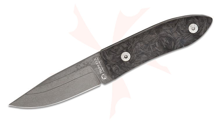 Maserin 923/DN AM22 Fixed Blade Knife 2.75 inch Super Clean Damascus Clip Point Blade, Black FatCarbon Handles, Leather Sheath