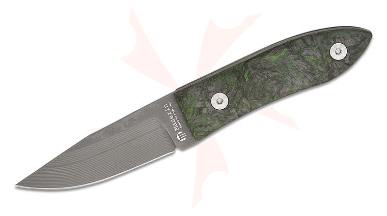 Maserin 923/DN AM22 Fixed Blade Knife 2.75 inch Super Clean Damascus Clip Point Blade, Green and Black FatCarbon Handles, Leather Sheath
