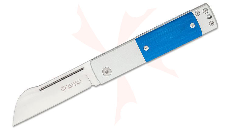 Maserin 165/MCB In-Estro Slipjoint Pocket Knife 3 inch D2 Sheepsfoot Blade, Gray Aluminum Handles with Blue G10 Onlays, Reversible Pocket Clip