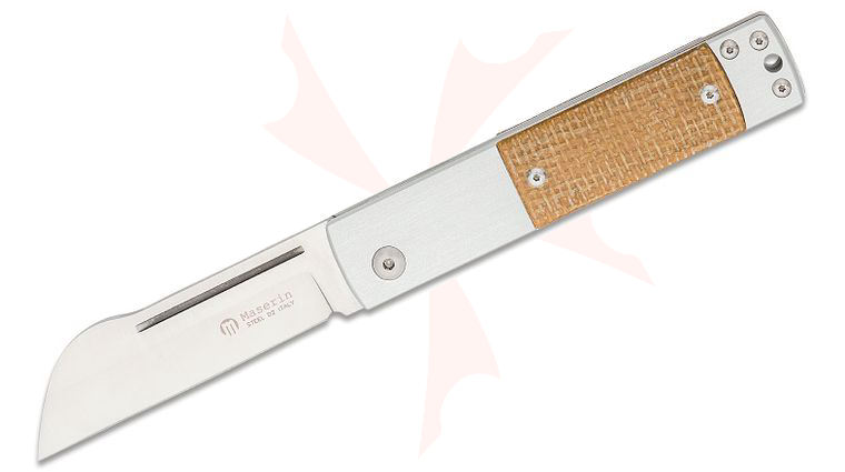 Maserin 165/MCM In-Estro Slipjoint Pocket Knife 3 inch D2 Sheepsfoot Blade, Gray Aluminum Handles with Brown Micarta Onlays, Reversible Pocket Clip