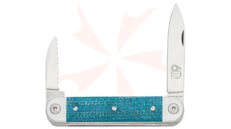 Maserin 195/MCB Sessantesimo Slipjoint Pocket Knife, Pen and Serrated Sheepsfoot Blades, Gray Aluminum Handles with Blue Micarta Onlays, Leather Pouch