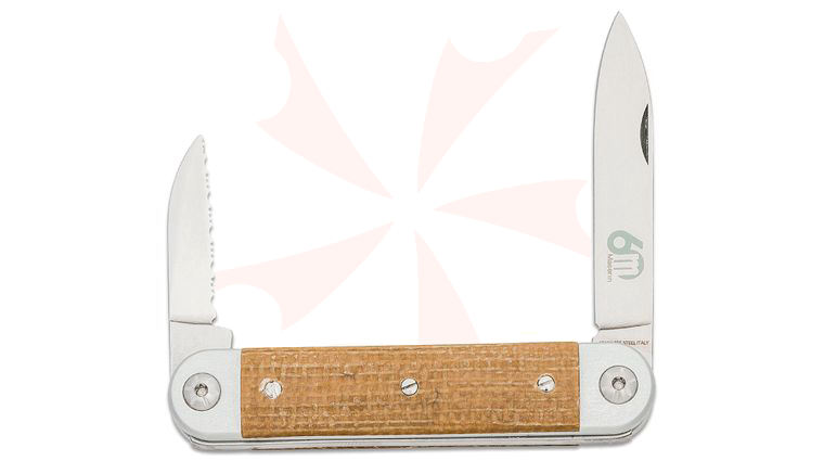 Maserin 195/MCG Sessantesimo Slipjoint Pocket Knife, Pen and Serrated Sheepsfoot Blades, Gray Aluminum Handles with Yellow Micarta Onlays, Leather Pouch