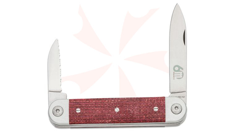 Maserin 195/MCR Sessantesimo Slipjoint Pocket Knife, Pen and Serrated Sheepsfoot Blades, Gray Aluminum Handles with Red Micarta Onlays, Leather Pouch