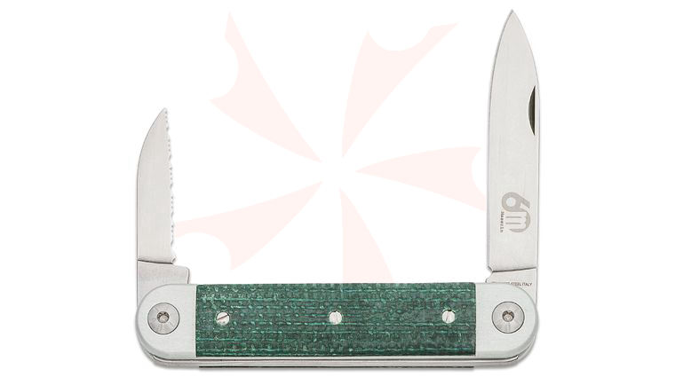 Maserin 195/MCV Sessantesimo Slipjoint Pocket Knife, Pen and Serrated Sheepsfoot Blades, Gray Aluminum Handles with Green Micarta Onlays, Leather Pouch