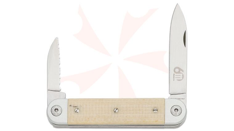 Maserin 195/MCW Sessantesimo Slipjoint Pocket Knife, Pen and Serrated Sheepsfoot Blades, Gray Aluminum Handles with White Micarta Onlays, Leather Pouch