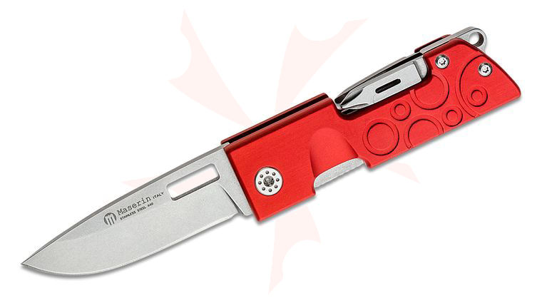 Maserin 214/R D-Dut Multi-Tool Folding Knife 2.6 inch Stonewashed Blade, Red Anodized Aluminum Handles, Nylon Pouch