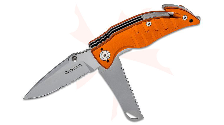 Maserin 283/2A Rescue 2 Folding Knife 3.625 inch N690 Combo and Saw Blades, Orange Aluminum Handles, Safety Cutter