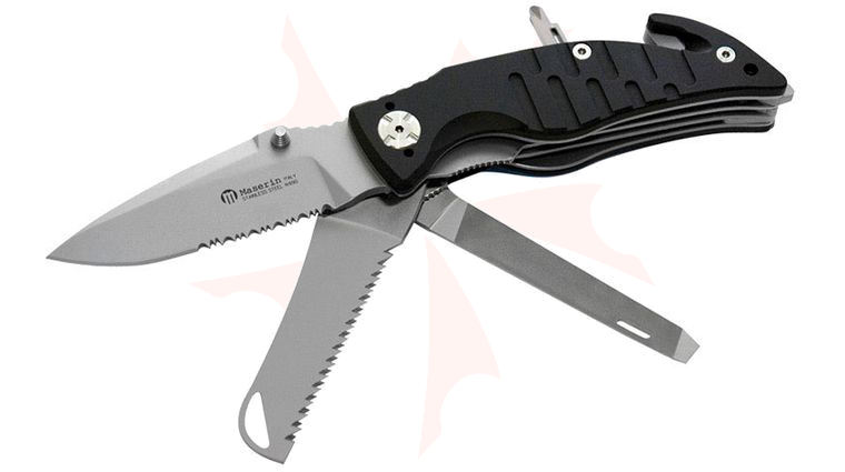 Maserin 283/4N Rescue 2 Folding Knife 3.625 inch N690 Combo and Saw Blades, File, Black Aluminum Handles, Safety Cutter