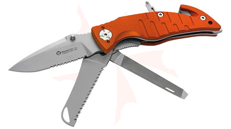 Maserin 283/4A Rescue 2 Folding Knife 3.625 inch N690 Combo and Saw Blades, File, Orange Aluminum Handles, Safety Cutter