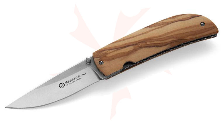 Maserin 389/OL Atti Folding Knife 2.75 inch Satin N690 Plain Blade, Olive Wood Handles