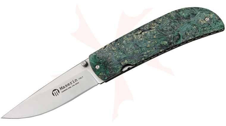 Maserin 389/RV Atti Folding Knife 2.75 inch Satin N690 Plain Blade, Green Burl Wood Handles