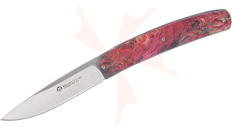 Maserin 380/RS Gourmet Folding Knife 3.875 inch Satin Plain Blade, Pink Burl Wood Handles