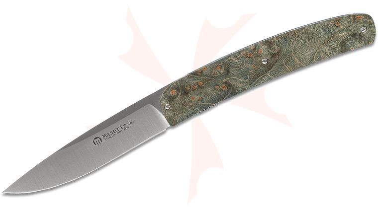 Maserin 380/RV Gourmet Folding Knife 3.875 inch Satin Plain Blade, Green Burl Wood Handles