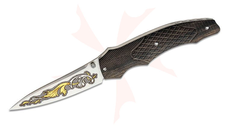 Maserin 398/KT Folding Knife 3.375 inch Satin N690 Blade with 24k Gold Engraving, Ebony Wood Handles