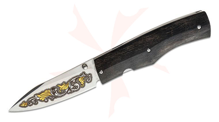 Maserin 392/KT Folding Knife 3 inch Satin N690 Blade with 24k Gold Engraving, Ebony Wood Handles