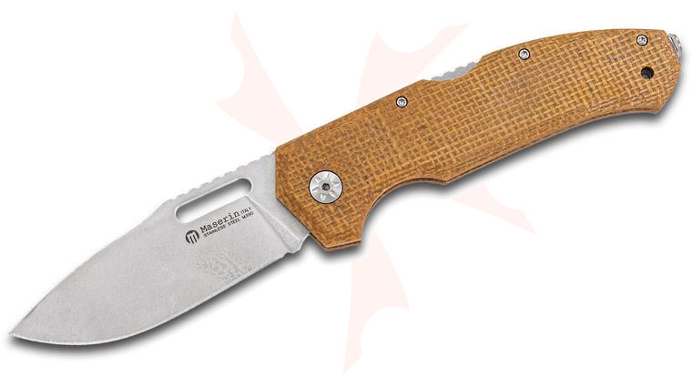 Maserin 480/MD Rumici Nimrod Folding Knife 3.625 inch M390 Stonewashed Plain Blade, Desert Tan Burlap Micarta Handles