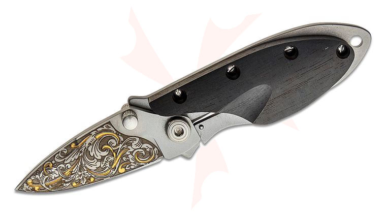 Maserin 550/KT OneFold Money Clip Folding Knife 2.36 inch 24kt Gold Engraved Blade, Stainless Steel Handles with Ebony Wood Scale