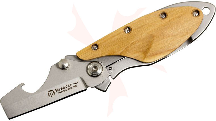 Maserin 551/OL Damp Folding Knife 1-3/4 inch Wharncliffe Blade with Bottle Opener, Stainless Steel Handles with Olive Wood Scale