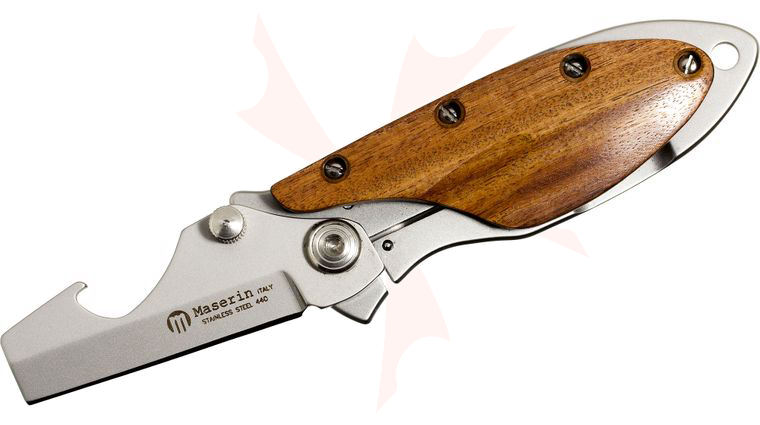 Maserin 551/SA Damp Folding Knife 1-3/4 inch Wharncliffe Blade with Bottle Opener, Stainless Steel Handles with Wood Scale
