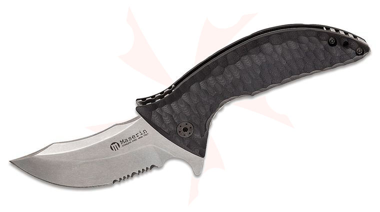 Maserin 640/G10N Ghost Flipper Knife 3.54 inch N690 Stonewashed Upswept Combo Blade, Black G10 Handles