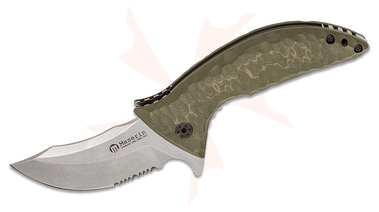 Maserin 640/G10V Ghost Flipper Knife 3.54 inch N690 Stonewashed Upswept Combo Blade, OD Green G10 Handles