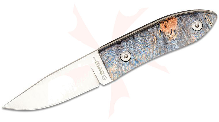 Maserin 923/RB AM22 Fixed Blade Knife 2.75 inch Sandvik 14C28N Satin Clip Point Blade, Blue Maple Wood Handles, Leather Sheath