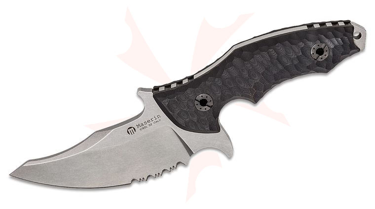 Maserin 940/G10N Badger Fixed Blade Knife 4.33 inch D2 Stonewashed Upswept Combo, Black G10 Handles, Kydex Sheath