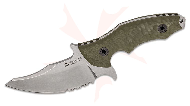 Maserin 940/G10V Badger Fixed Blade Knife 4.33 inch D2 Stonewashed Upswept Combo, OD Green G10 Handles, Kydex Sheath