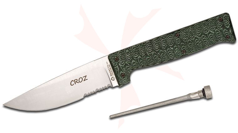 Maserin 976/MCV Croz Hunting Knife Fixed 4.375 inch N690 Satin Combo Blade, Green G10 Handles, Black Nylon Sheath