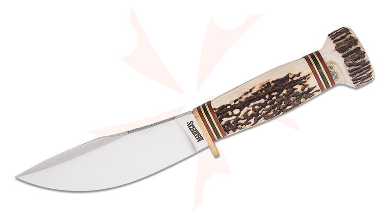 Marble's Woodcraft Fixed Blade 4.375 inch Stainless Steel Satin Harpoon Blade, Stag Handle with Brass Guard, Leather Belt Sheath