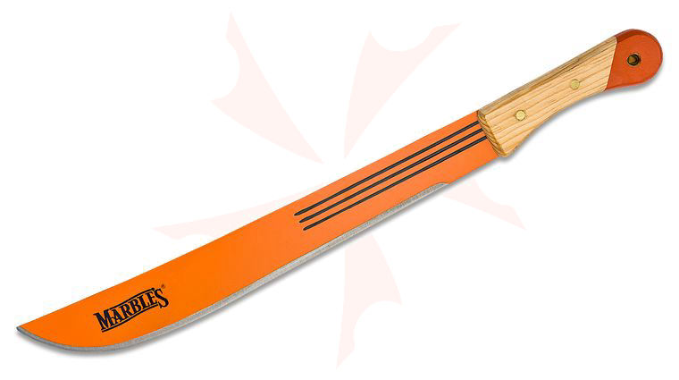 Marble's Machete 18 inch Orange Finish Blade, Natural Wood Handles, No Sheath