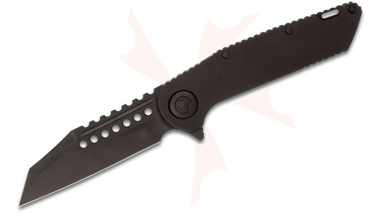 Marfione Custom Knives Warhound Flipper Knife 3.75 inch Black DLC M390 Blade and Milled Titanium Handles, Nylon Pouch