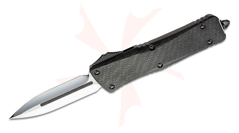 Marfione Custom Knives Combat Troodon OTF AUTO 3.875 inch Elmax Double Edge Dagger Blade with Carbon Fiber Inlay, Black Aluminum Handles with Carbon Fiber Top