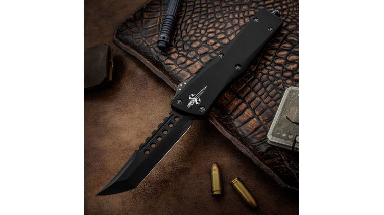 Marfione Custom Knives Combat Troodon OTF AUTO 3.875 inch Black DLC M390 Hellhound Tanto Blade, Black Aluminum Handles, Ringed DLC Hardware