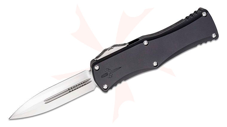 Marfione Custom Knives Hera AUTO OTF Knife 3.125 inch M390 Satin Double Edge Dagger Blade, Black Aluminum Handles