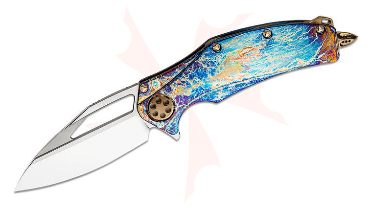 Marfione Custom Knives Matrix R Flipper Knife 3.75 inch M390 Mirror Polished Drop Point Blade, Galactic Acid Titanium Handles, Meadow Viper Spartan Lanyard