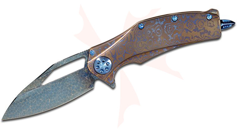 Marfione Custom Knives Matrix R Flipper 3.75 inch Blue Nebula Damascus Blade, Nichols Mokuti Handles, Nylon Pouch