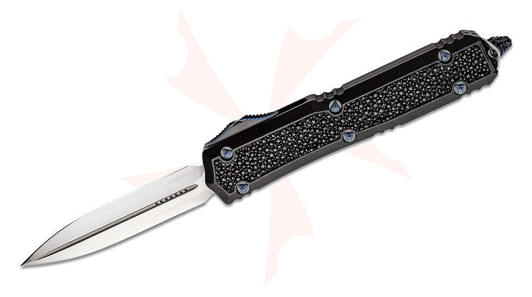 Marfione Custom Knives Makora OTF AUTO Knife 3.3 inch M390 Double Edge Dagger Blade, Black Hefted Aluminum Handles with Stingray Inlays