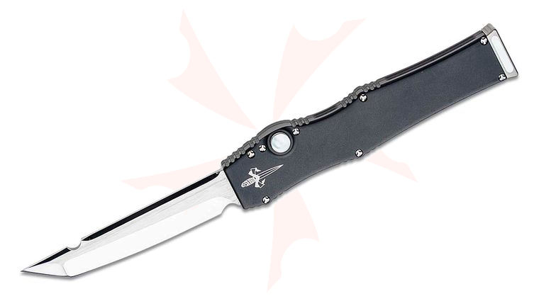 Marfione Custom Knives Mini Halo III OTF AUTO 2.0 inch Mirror Polished M390 Tanto Blade, Black Aluminum Handles, Mother of Pearl Button, Custom Carbon Fiber Case