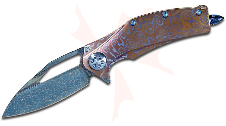 Marfione Custom Knives Mini Matrix R Flipper 3.25 inch Blue Nebula Damascus Blade, Nichols Mokuti Handles, Nylon Pouch