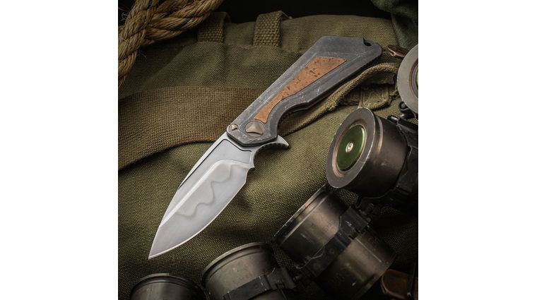 Marfione Custom Knives/Mick Strider MSG 3.5 Integral Flipper 3.5 inch W2 Hamon Blade, Fallout Titanium Handle with Copper Inlay, Nylon Pouch