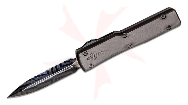 Marfione Custom Knives UTX-70 OTF AUTO Knife 2.41 inch Hot Blued Mosaic Damascus Double Edge Dagger  Blade, Black DLC Two-Tone Hand Satin Stainless Steel Handles