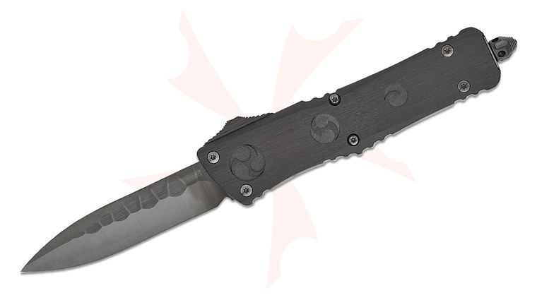 Marfione Custom Knives/Borka Blades Combat Troodon O-YARI OTF AUTO Knife 3.875 inch M390 Black DLC Dagger Blade with Borka Rock Pattern, Black Hefted Aluminum Handles with Japanese War Crest, DLC Hardware