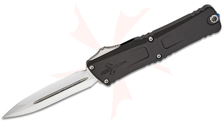 Marfione Custom Knives Combat Troodon OTF AUTO Knife 4.125 inch M390MK Mirror Polished Double Edge Dagger Blade, Black Deep Engraved Aluminum Handles, Two-Tone Hardware, Blue Ti Accents