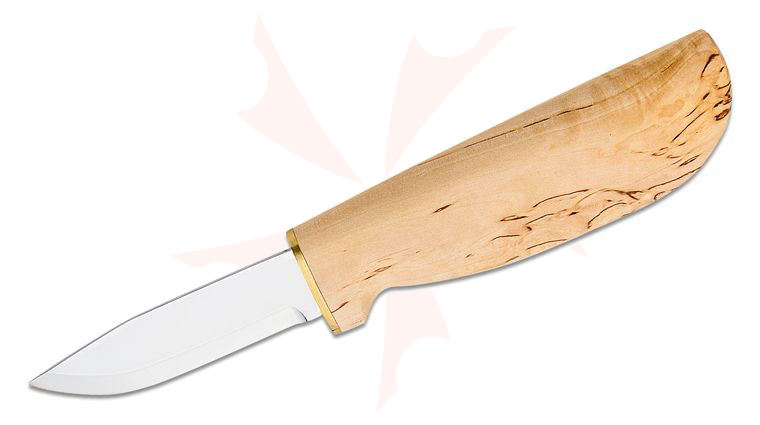 Marttiini Handy Knife Fixed 3 inch Blade, Waxed Curly Birch Handles, Brown Leather Sheath