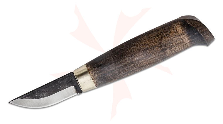 Marttiini Snappy Whittling Knife 2.13 inch Fixed Blade, Curly Birch Handle, Black Leather Sheath