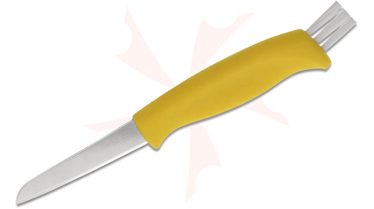 Marttiini Mushroom Knife 2.64 inch Sheepsfoot Blade, Yellow Zytel Handle, Black Leather Sheath