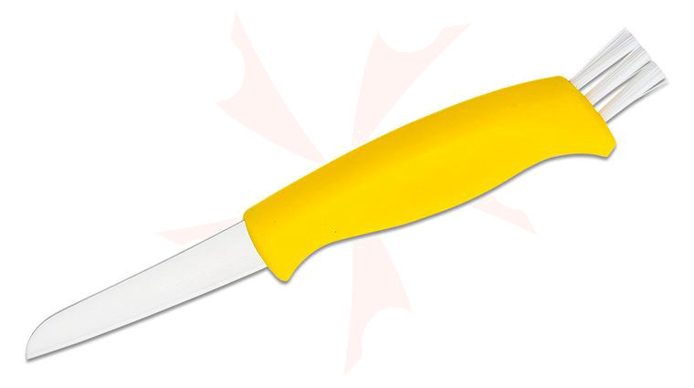 Marttiini Mushroom Knife 2.63 inch Sheepsfoot Blade, Yellow Rubber Handle, Black Leather Neck Sheath